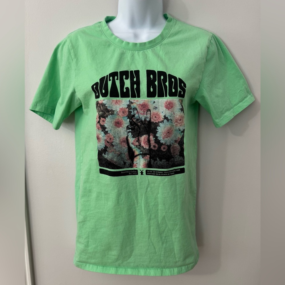 Dutch Bros Peace Hand Flowers Floral Green size S Dutchwear Graphic T Shirt